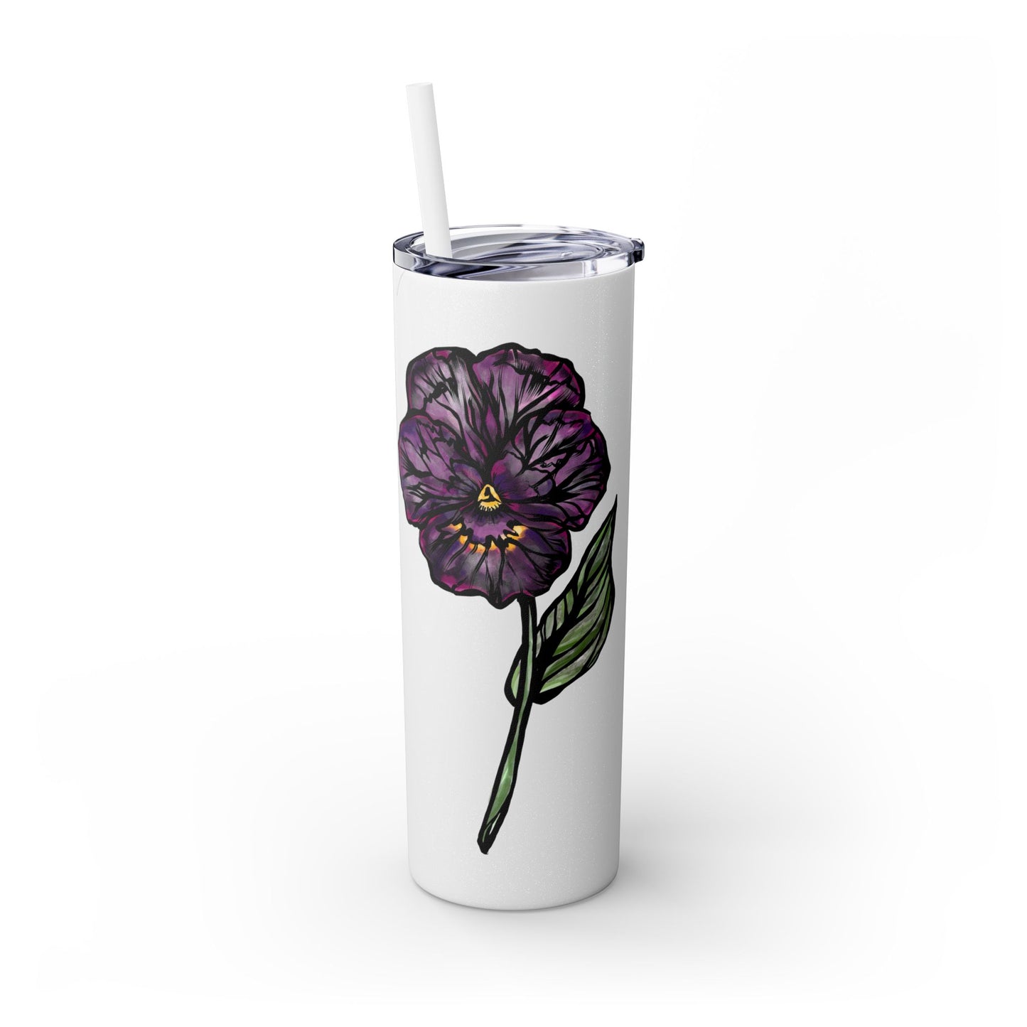 February Violet Birth Flower Personalizable Glitter Skinny Tumbler with Straw, 20oz