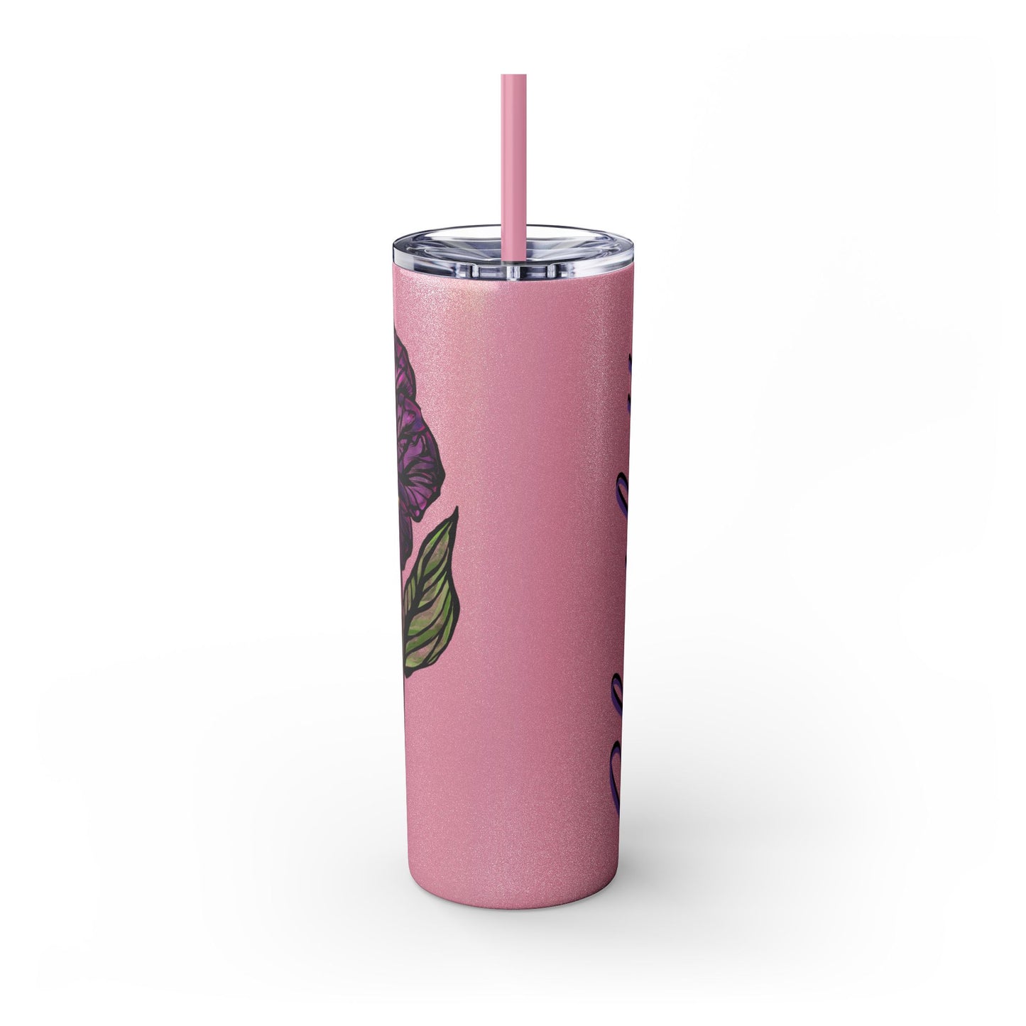 February Violet Birth Flower Personalizable Glitter Skinny Tumbler with Straw, 20oz