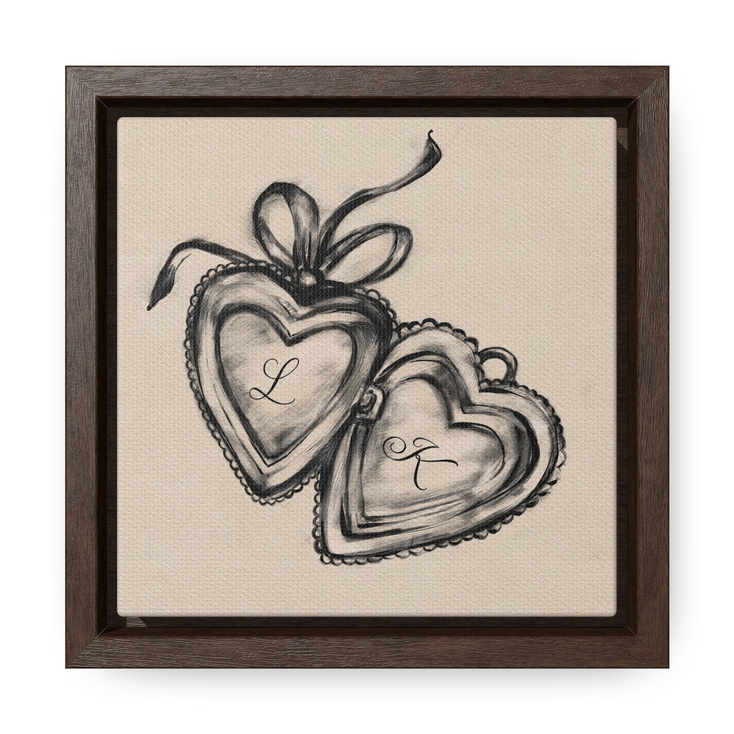 Custom Initial Locket Framed Print in Cream - Personalized Hand Drawn Couples Gift - Bedroom Wall Art