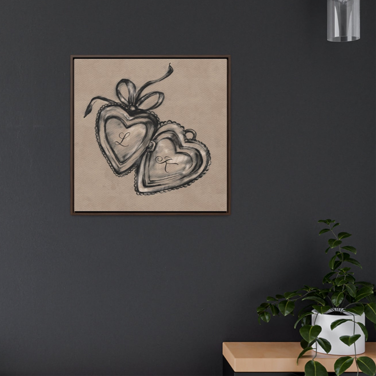Custom Initial Locket Framed Print - Personalized Hand Drawn Couples Gift - Bedroom Wall Art