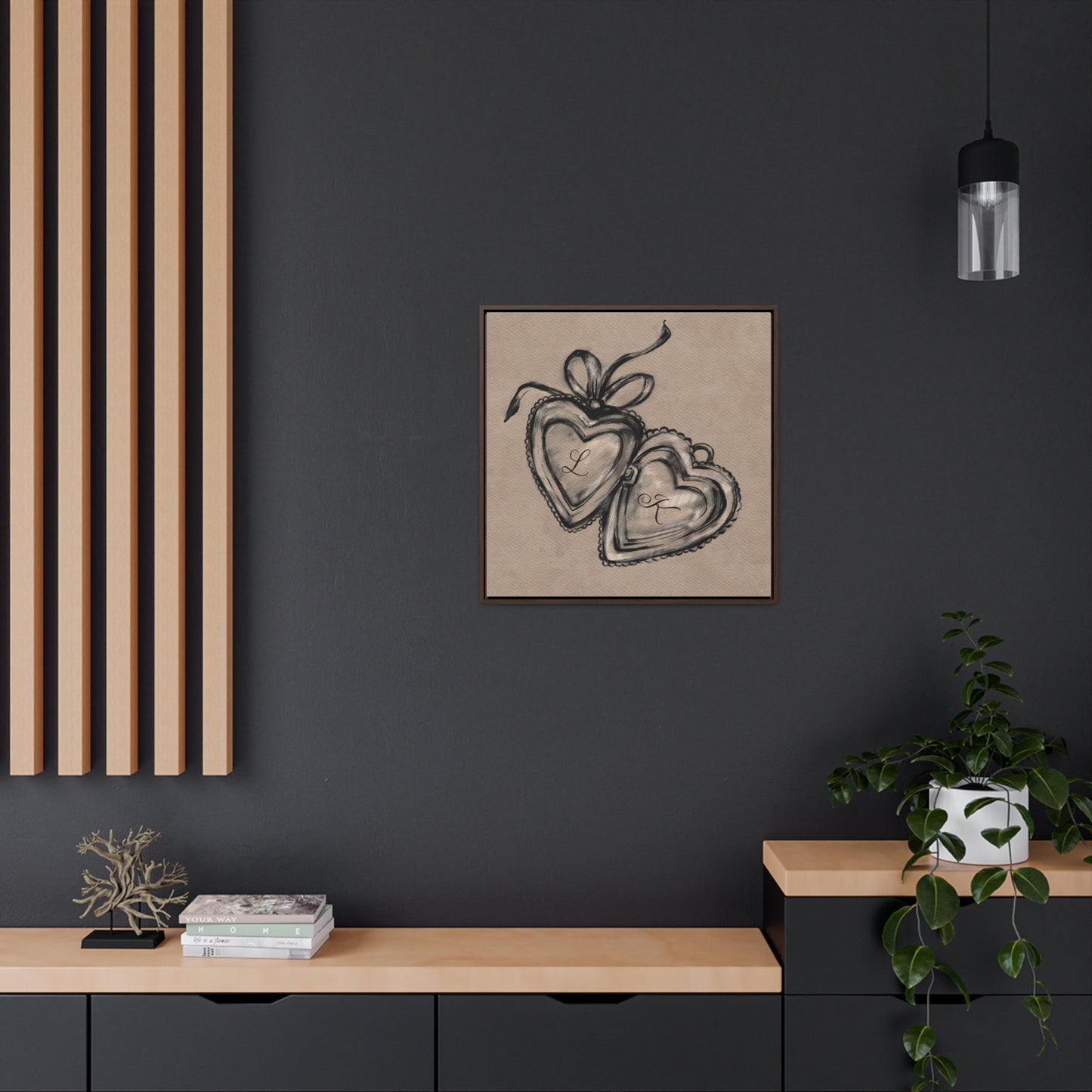 Custom Initial Locket Framed Print - Personalized Hand Drawn Couples Gift - Bedroom Wall Art