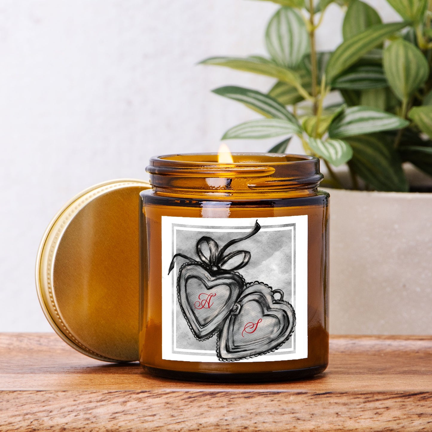 Custom Couples Gift Initials Hand Drawn Locket Design Candle Amber Jar 4oz