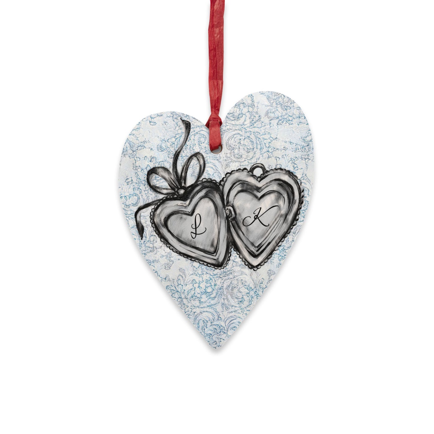 Personalized Initials Locket Drawing Wooden Ornament + Magnet for Couples