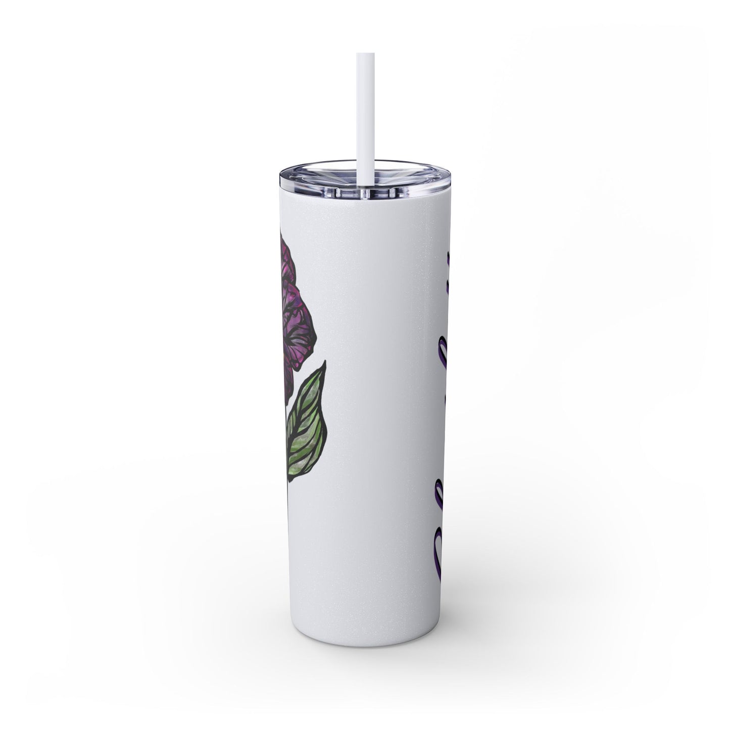 February Violet Birth Flower Personalizable Glitter Skinny Tumbler with Straw, 20oz
