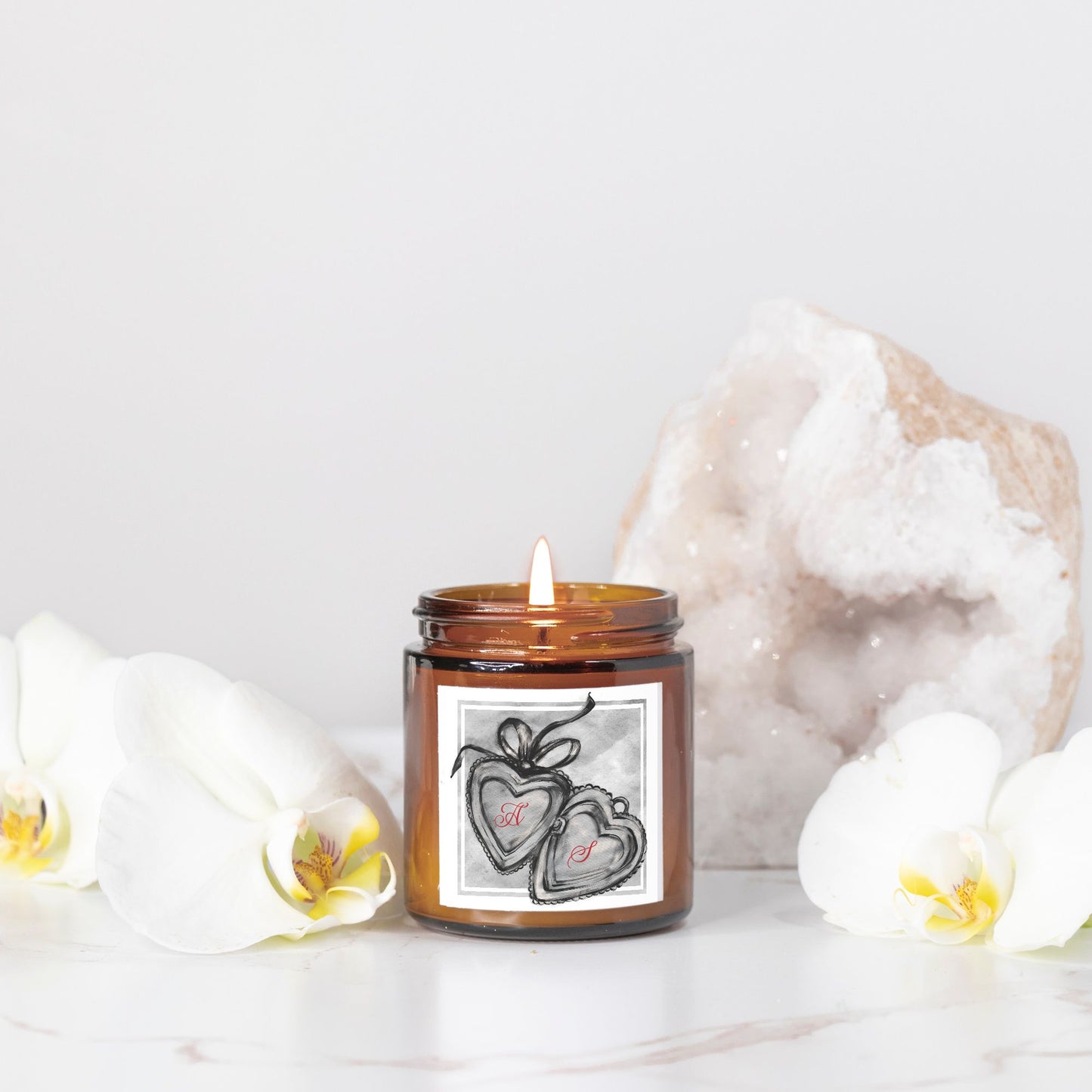 Custom Couples Gift Initials Hand Drawn Locket Design Candle Amber Jar 4oz