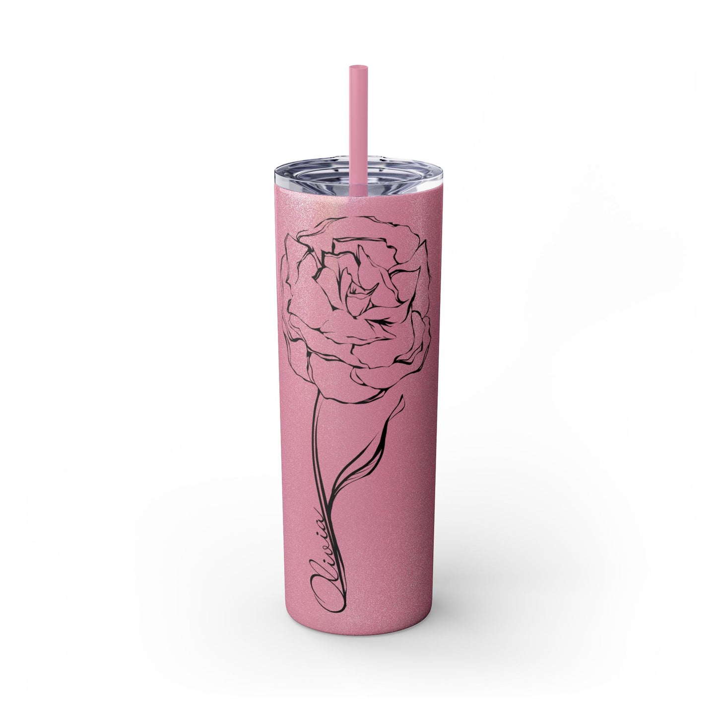 January Personalized Carnation Birth Flower with Name Skinny Tumbler with Straw, 20oz