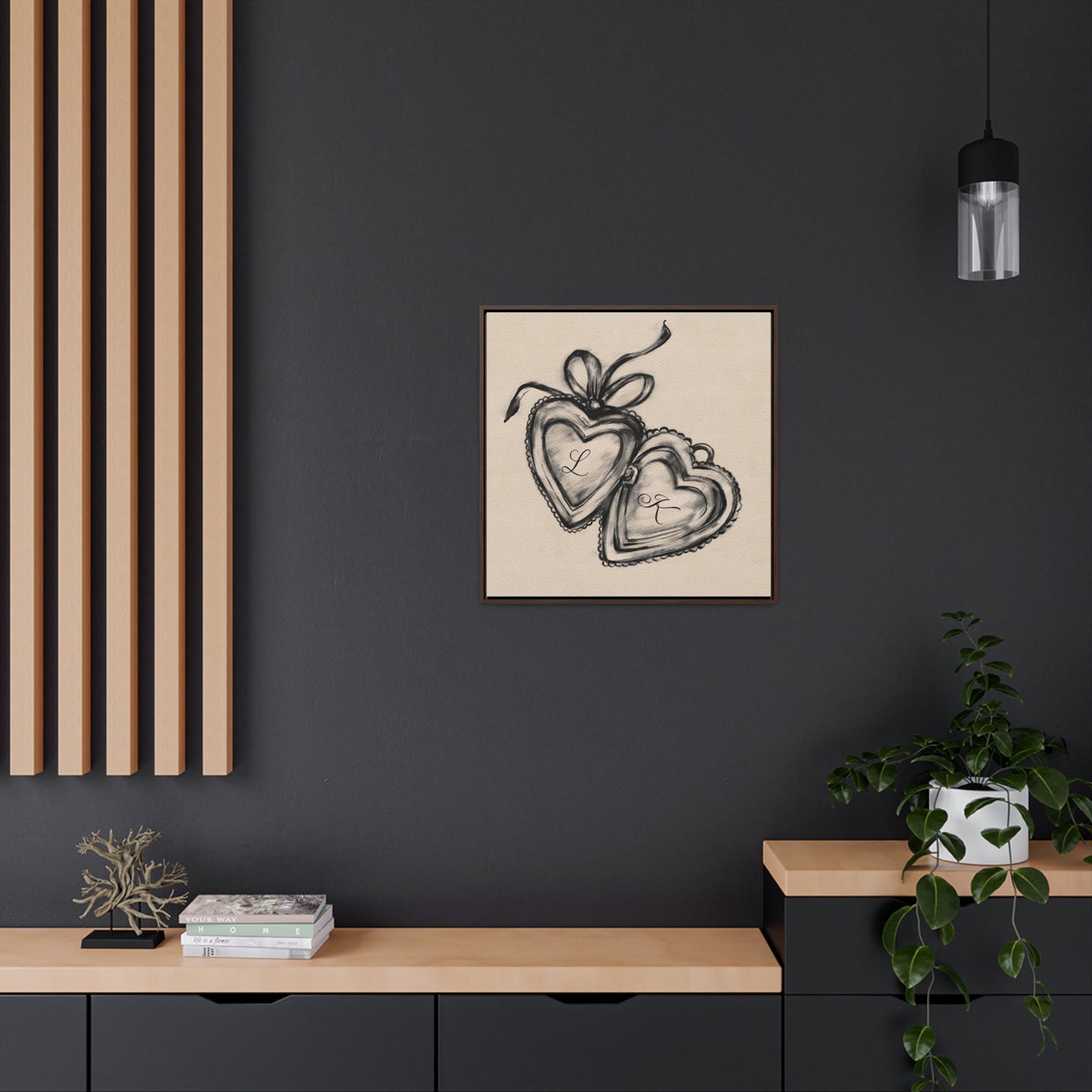 Custom Initial Locket Framed Print in Cream - Personalized Hand Drawn Couples Gift - Bedroom Wall Art