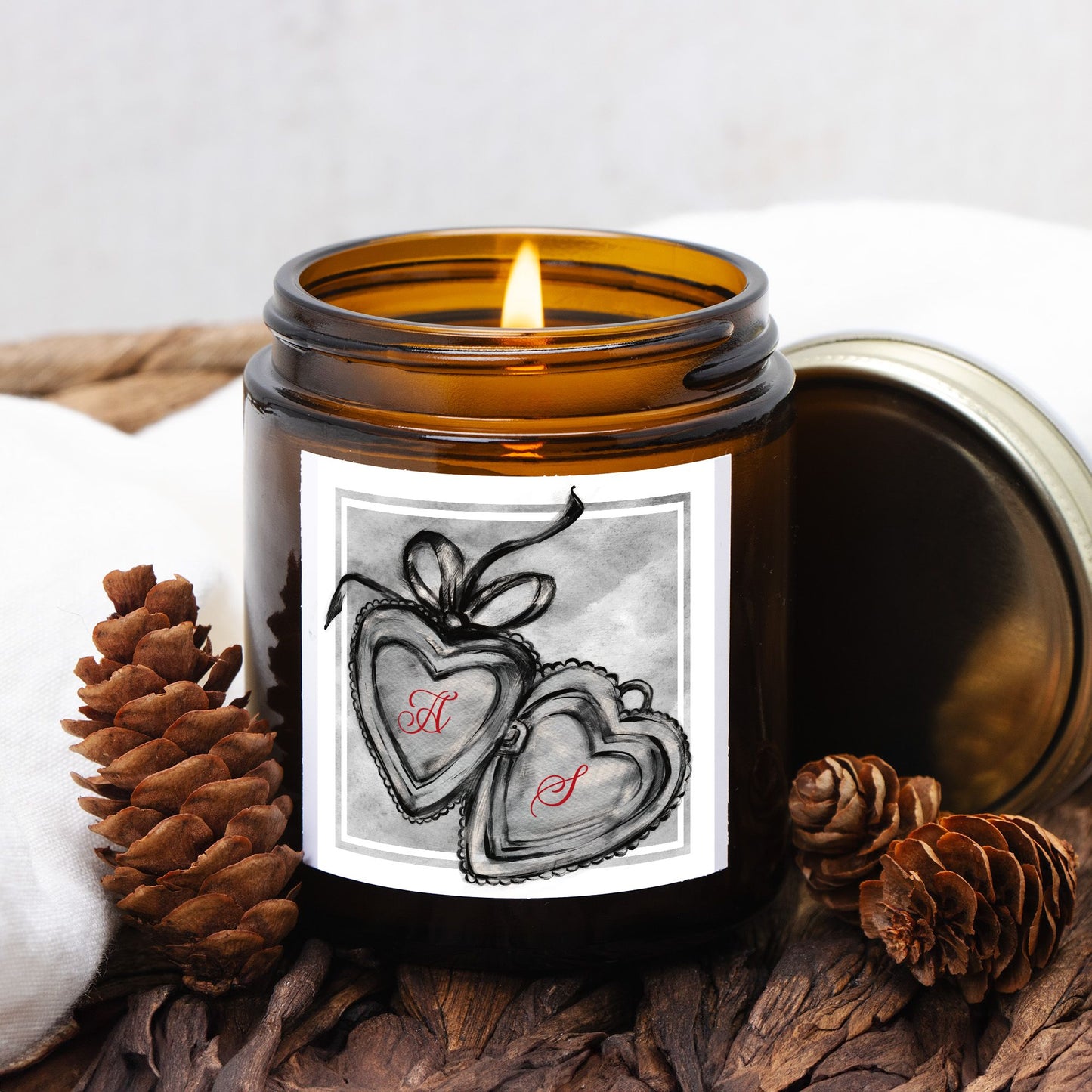 Custom Couples Gift Initials Hand Drawn Locket Design Candle Amber Jar 4oz