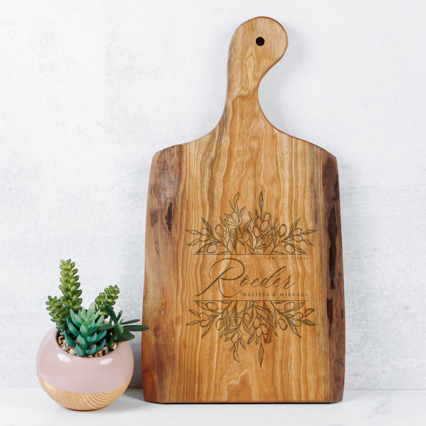 Personalized Wooden Artisan Serving Board with Handle for Couples Weddings & Anniversary Gift