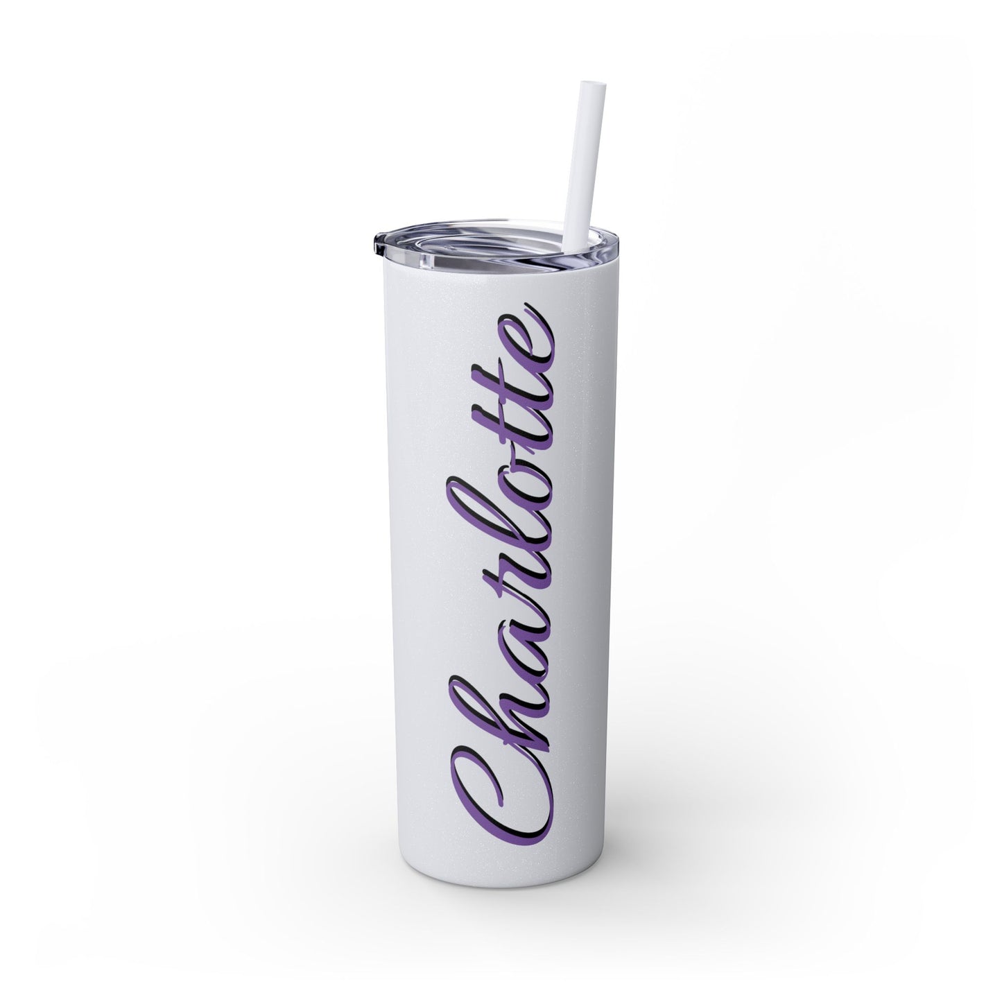 February Violet Birth Flower Personalizable Glitter Skinny Tumbler with Straw, 20oz