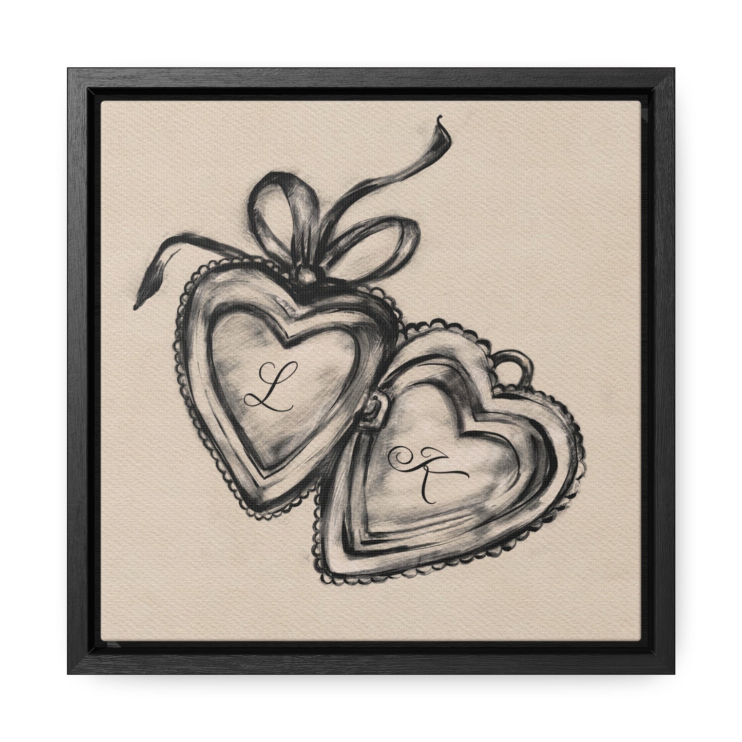 Custom Initial Locket Framed Print in Cream - Personalized Hand Drawn Couples Gift - Bedroom Wall Art