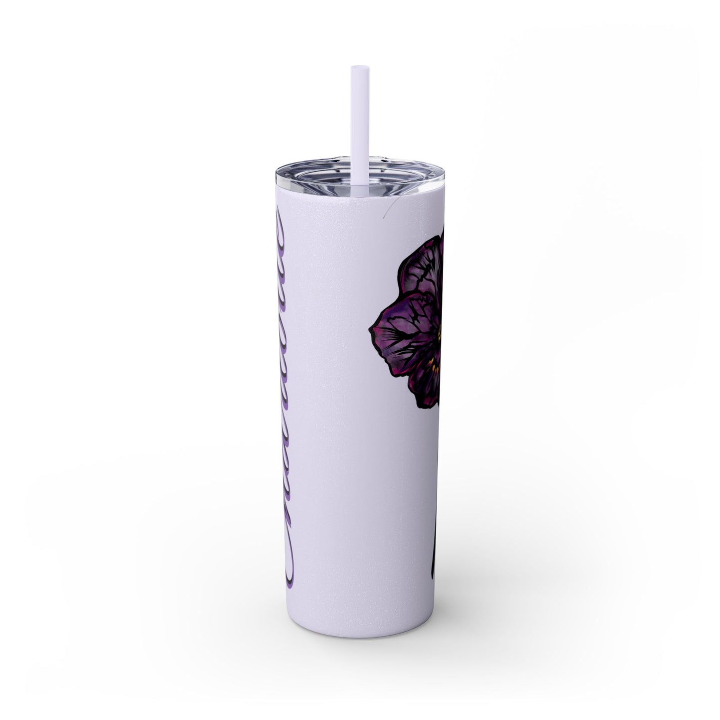 February Violet Birth Flower Personalizable Glitter Skinny Tumbler with Straw, 20oz