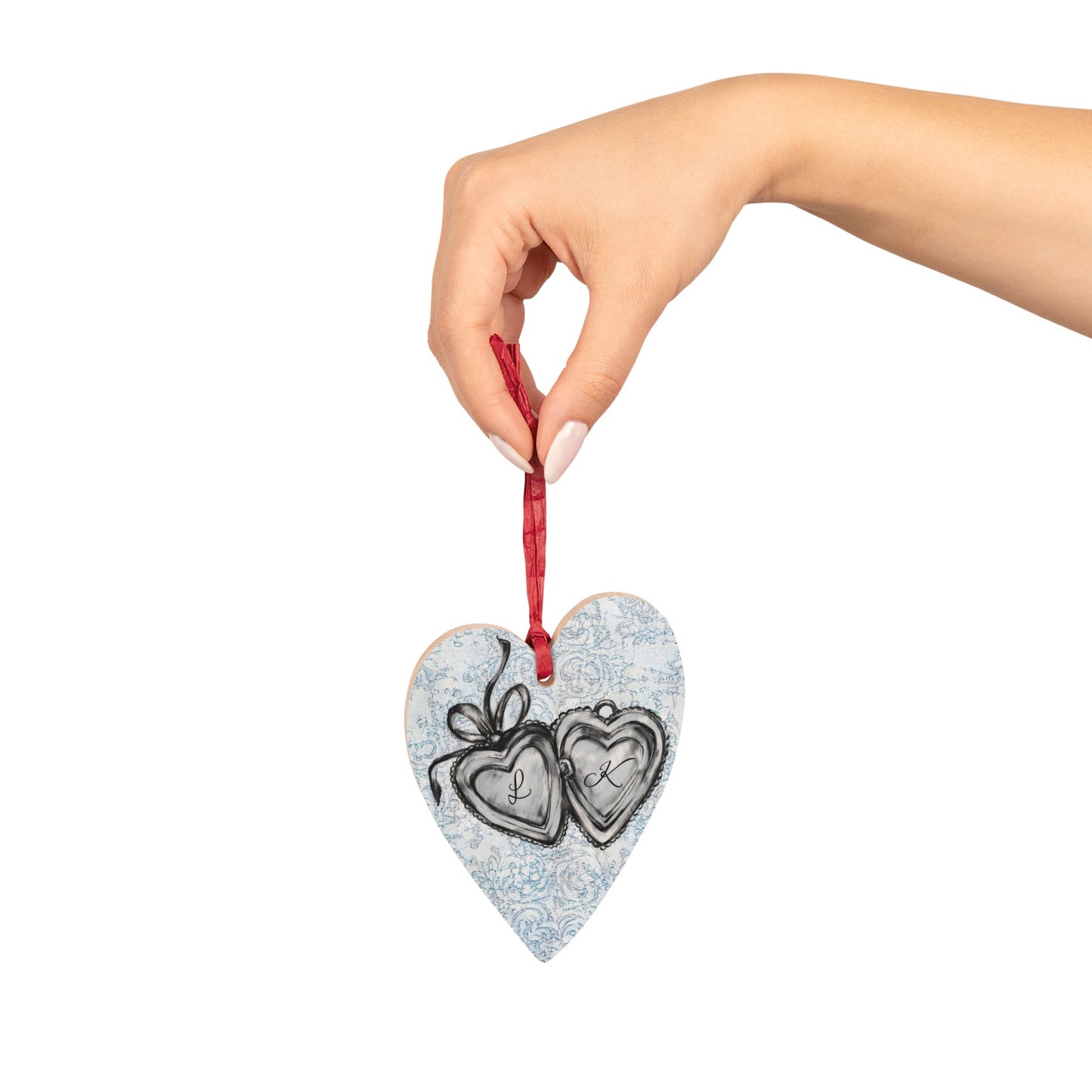 Personalized Initials Locket Drawing Wooden Ornament + Magnet for Couples