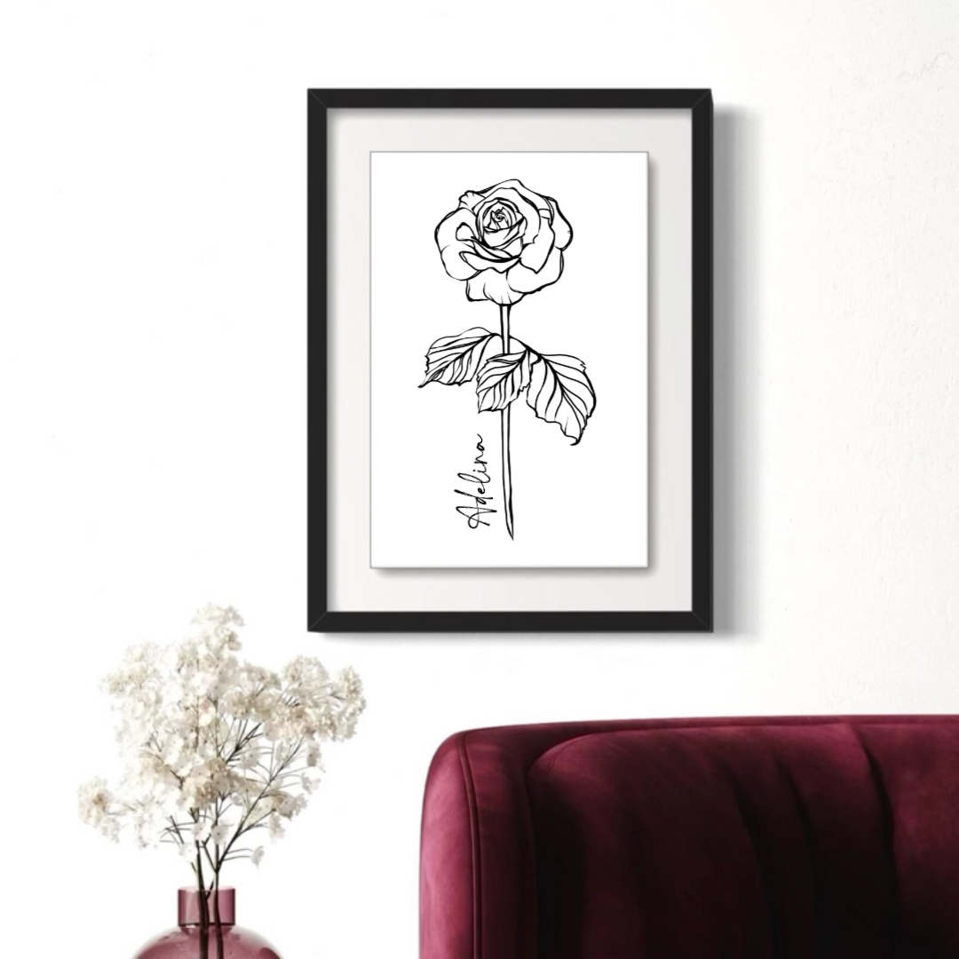 June Rose Personalized Minimalist Art Print in Black Floating Glossy Acrylic Frame