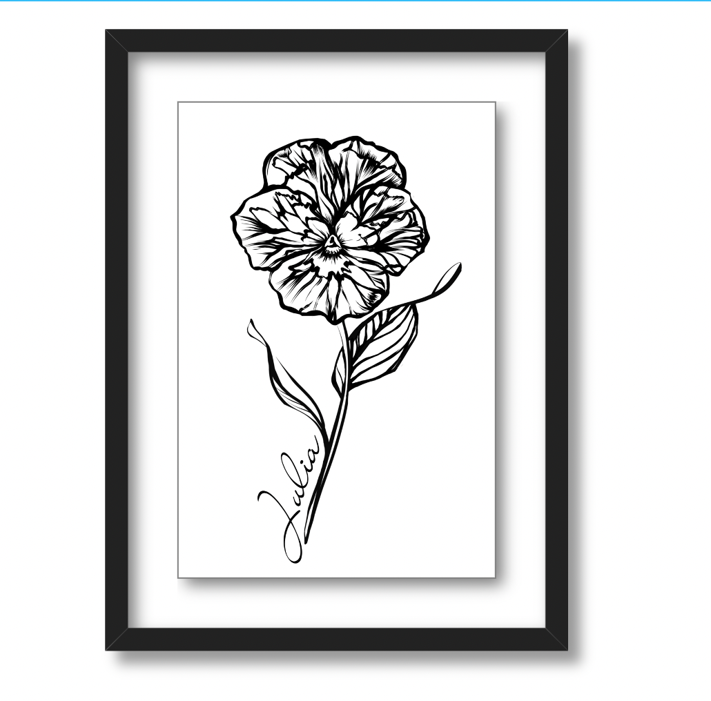 February Violet Personalized Minimalist Art Print in Black Floating Glossy Acrylic Frame