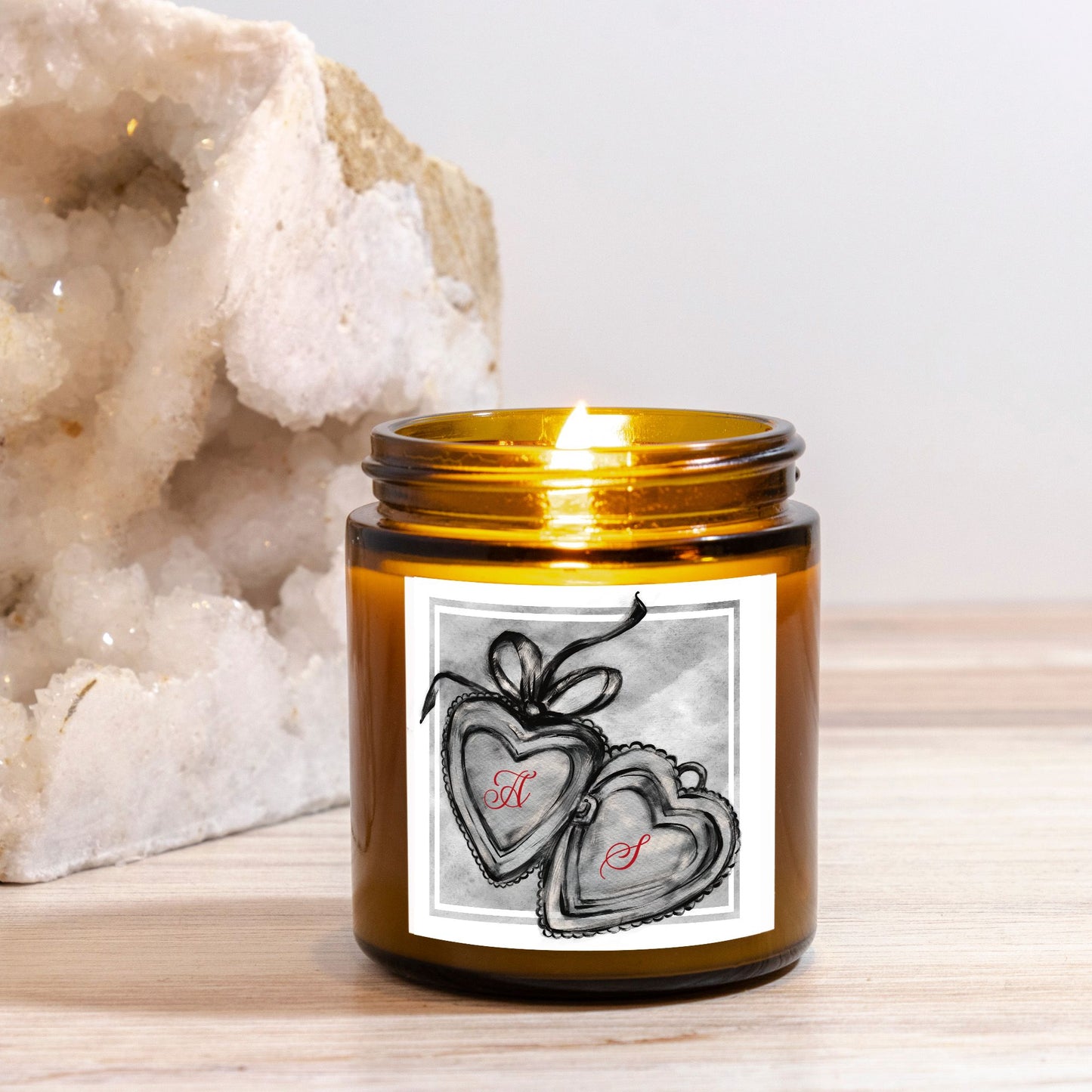Custom Couples Gift Initials Hand Drawn Locket Design Candle Amber Jar 4oz