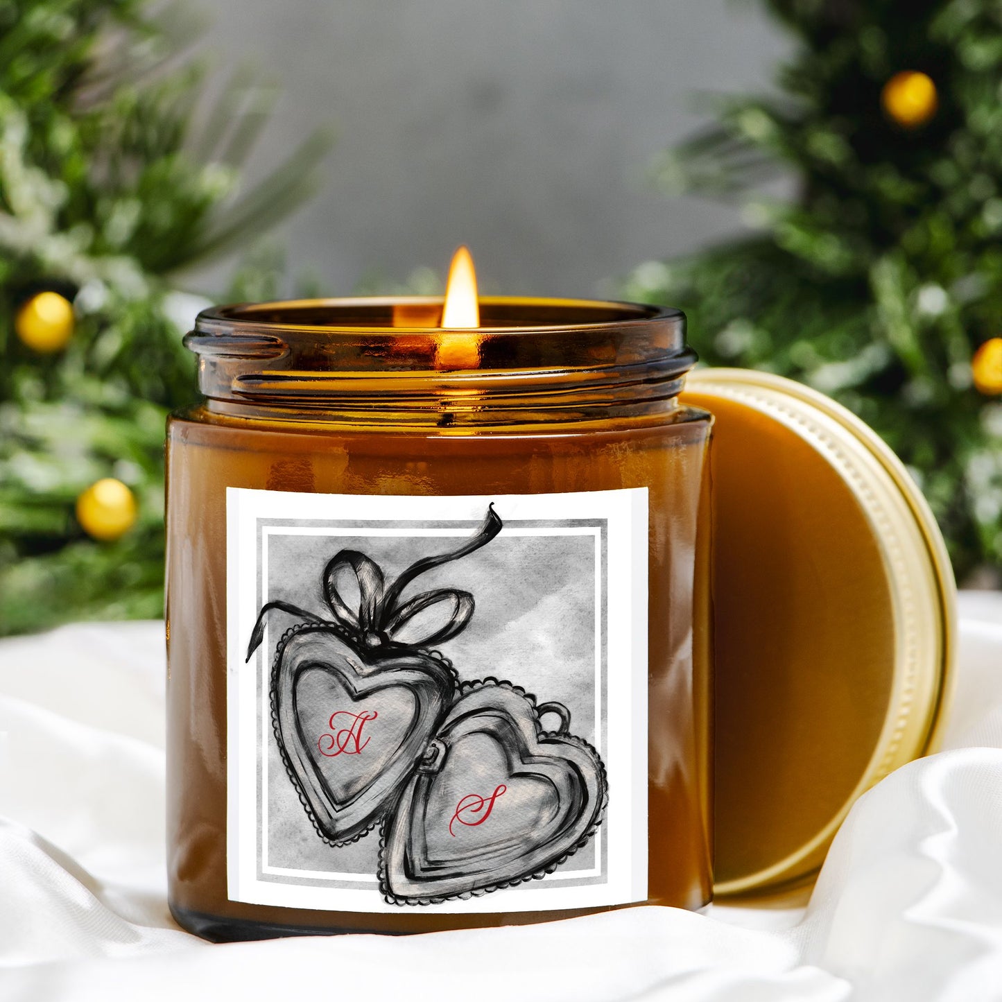 Custom Couples Gift Initials Hand Drawn Locket Design Candle Amber Jar 4oz