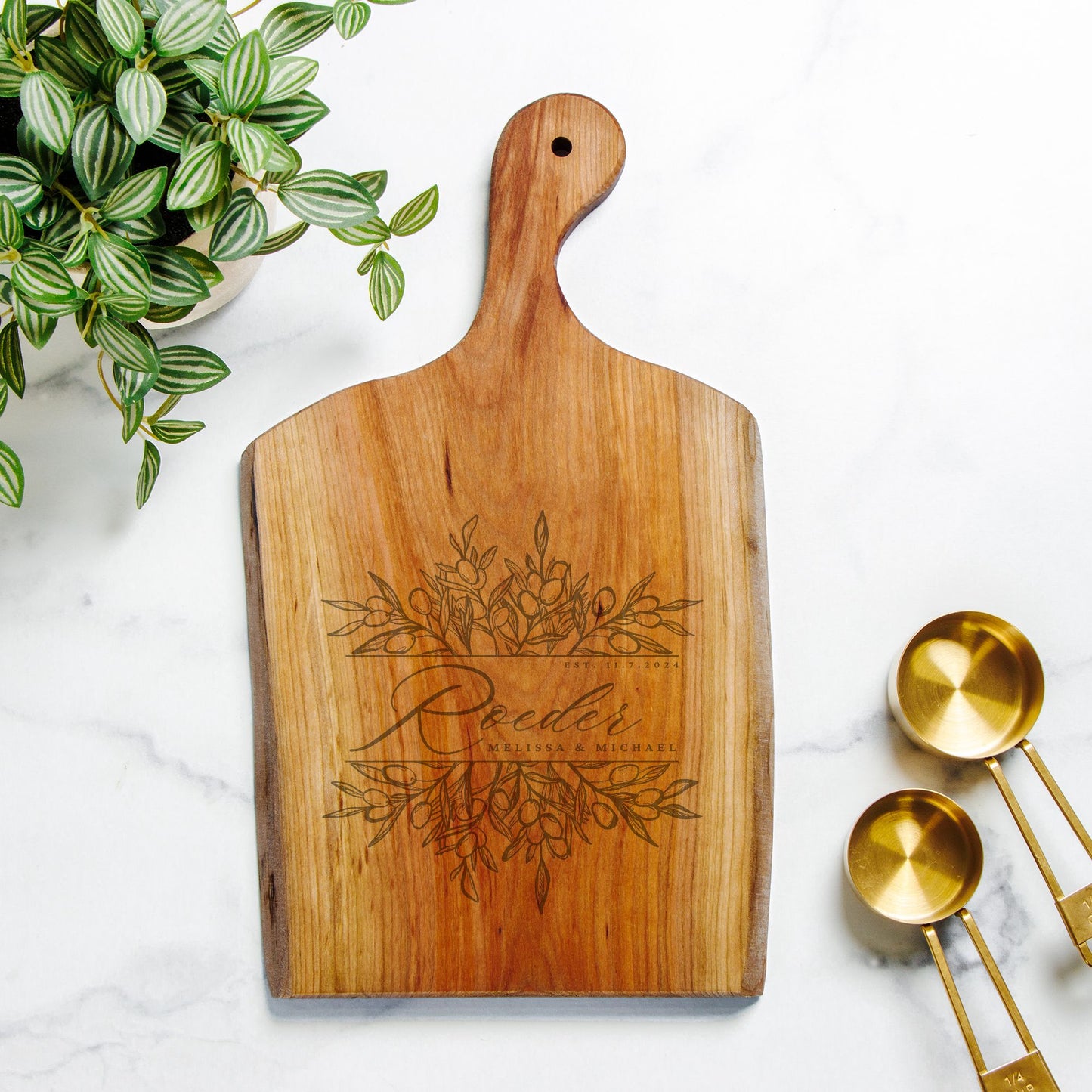 Personalized Wooden Artisan Serving Board with Handle for Couples Weddings & Anniversary Gift