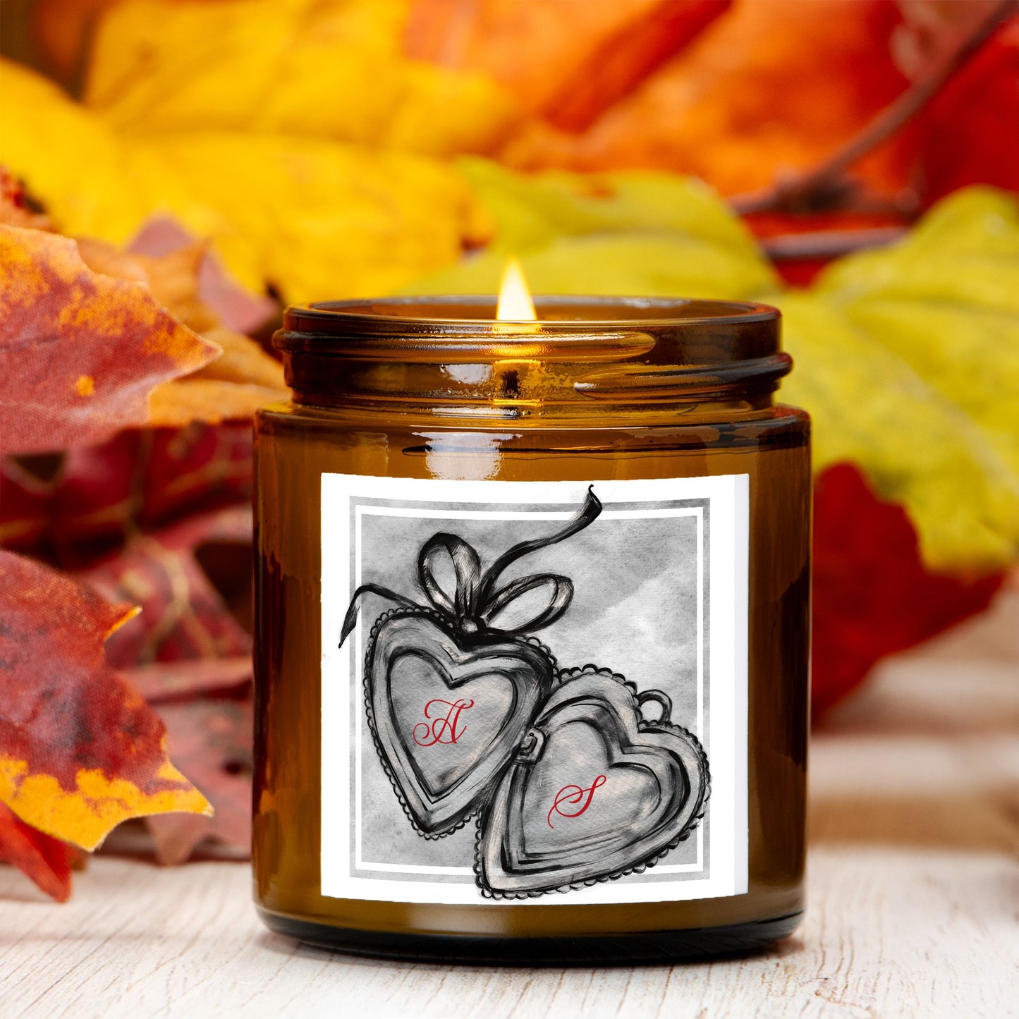 Custom Couples Gift Initials Hand Drawn Locket Design Candle Amber Jar 4oz