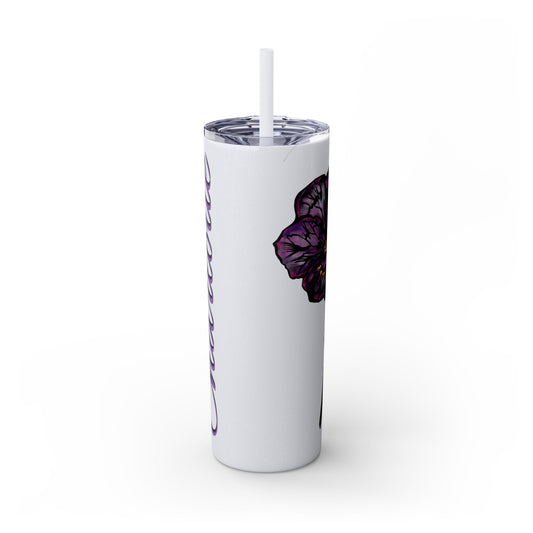 February Violet Birth Flower Personalizable Glitter Skinny Tumbler with Straw, 20oz