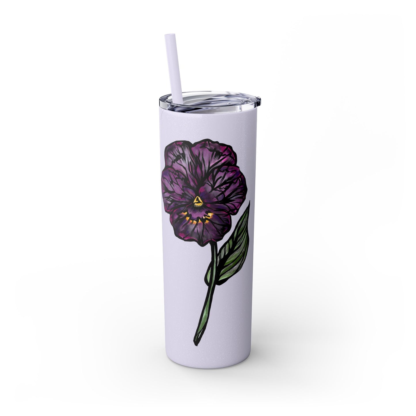 February Violet Birth Flower Personalizable Glitter Skinny Tumbler with Straw, 20oz
