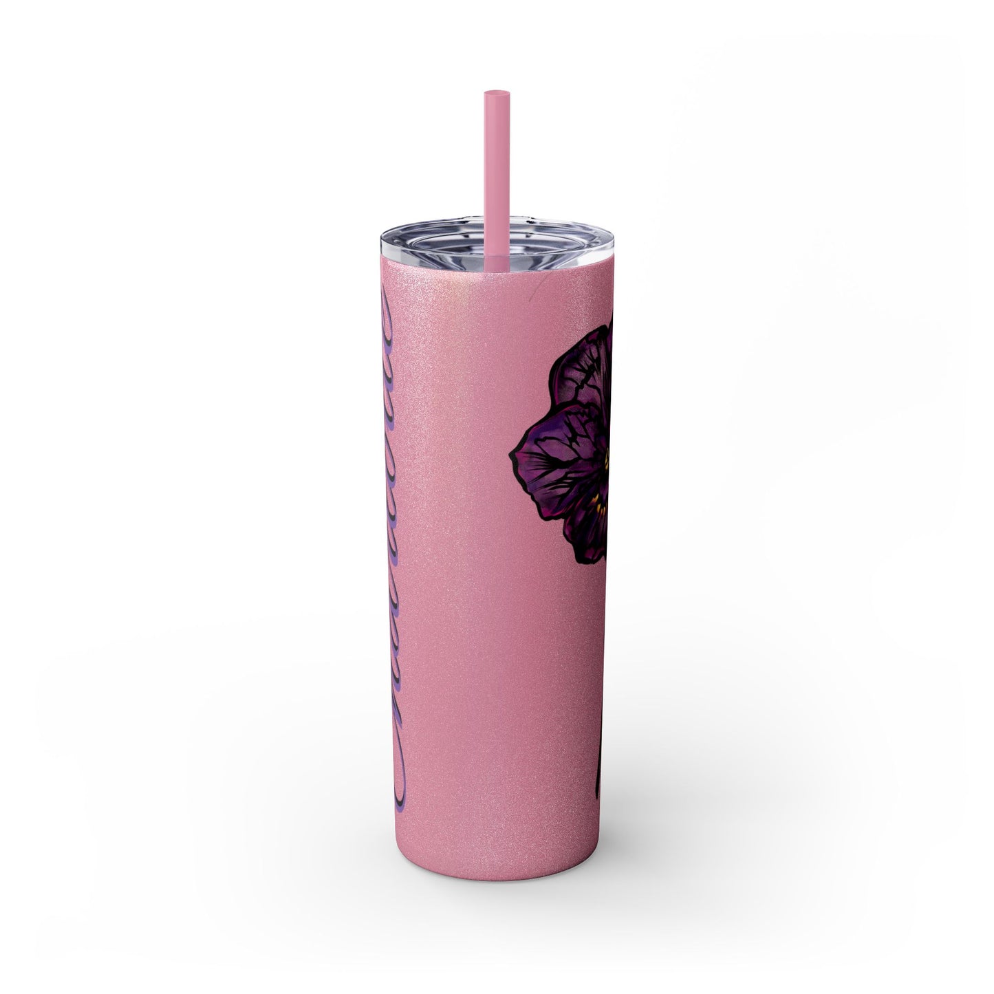 February Violet Birth Flower Personalizable Glitter Skinny Tumbler with Straw, 20oz