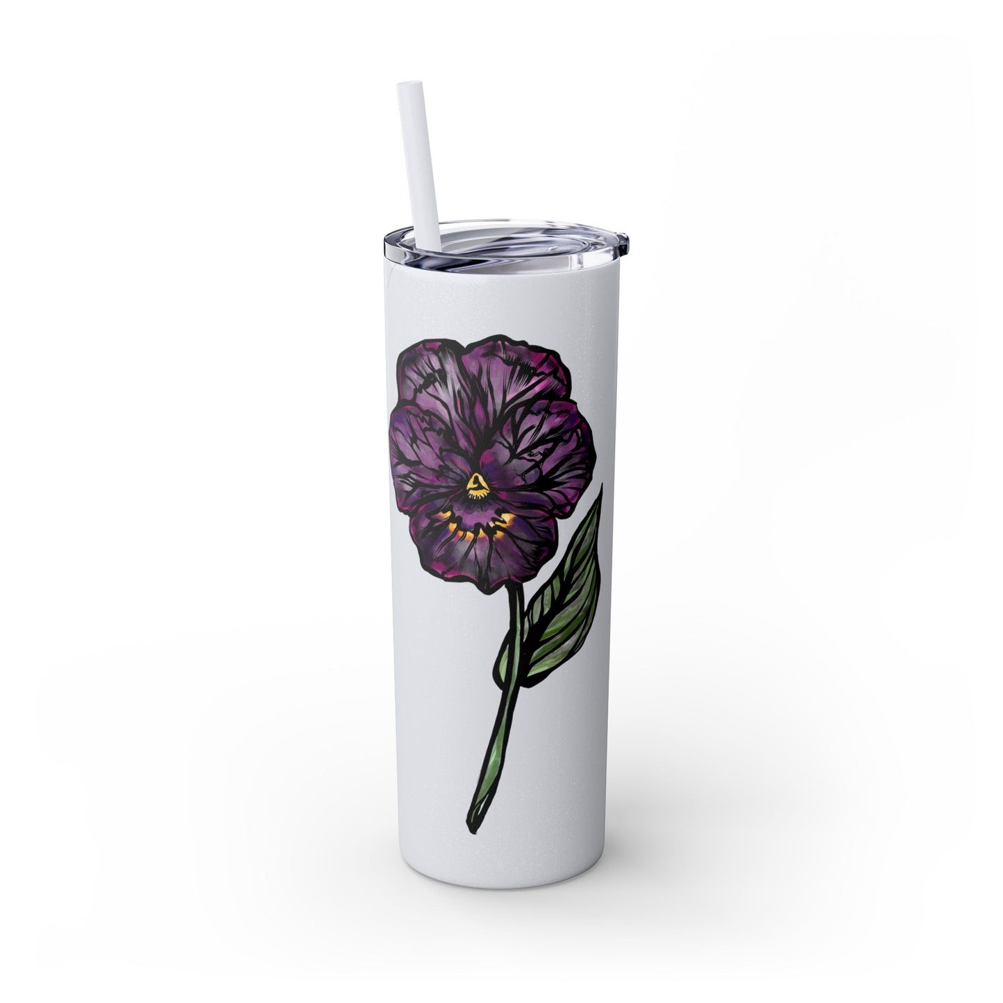 February Violet Birth Flower Personalizable Glitter Skinny Tumbler with Straw, 20oz