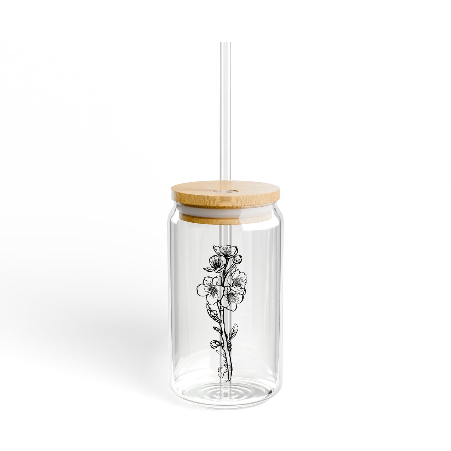 March Cherry Blossom Minimalist Personalized  Birth Flower Sipper Glass, 16oz with Hand Drawn with Name