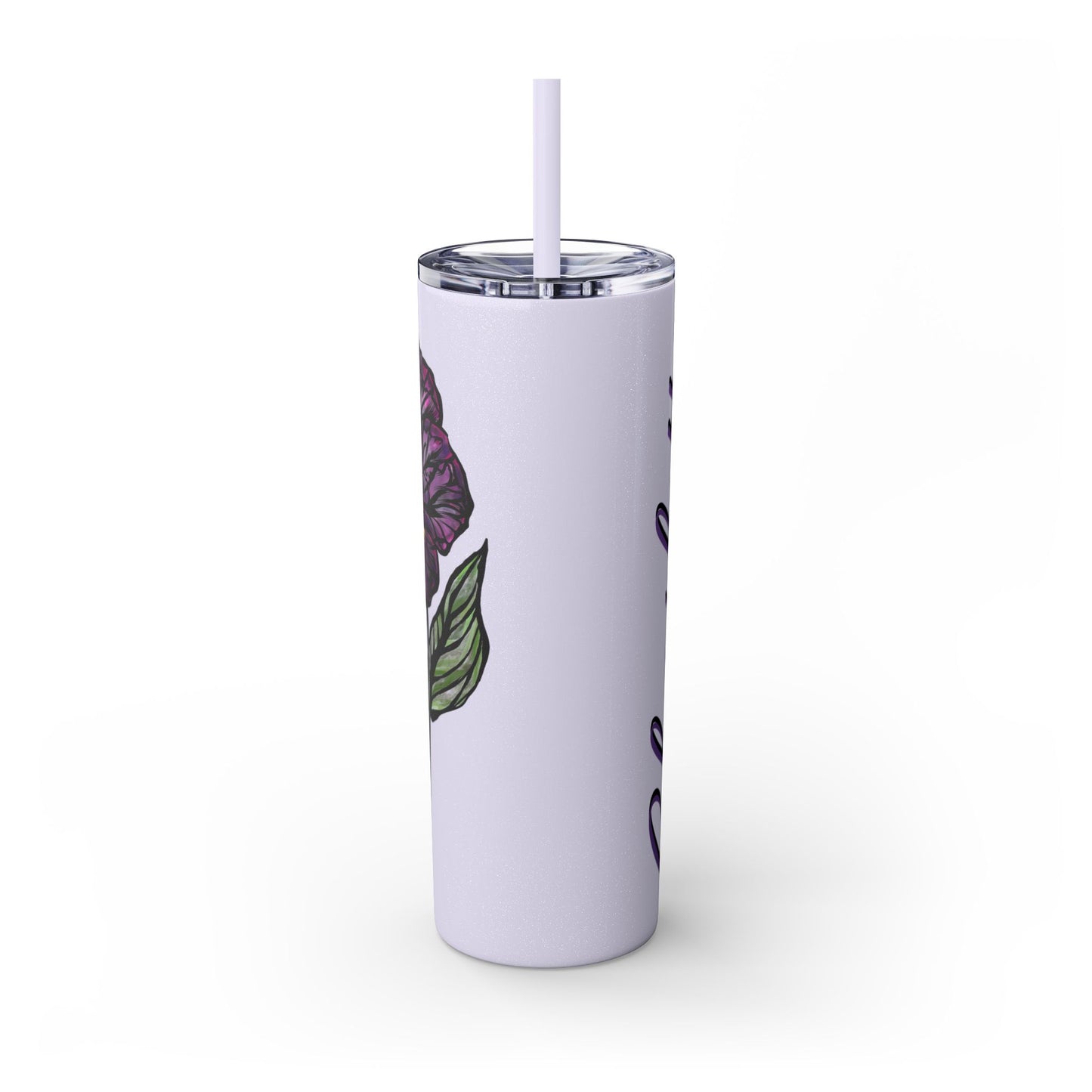 February Violet Birth Flower Personalizable Glitter Skinny Tumbler with Straw, 20oz