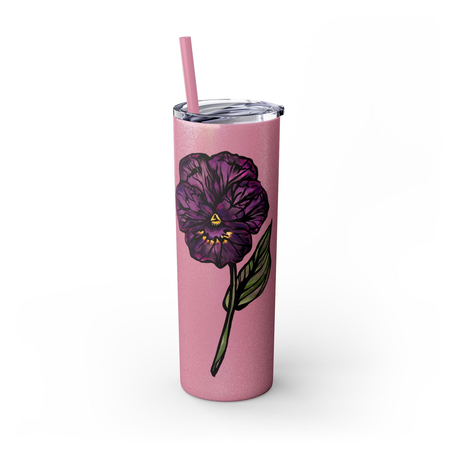 February Violet Birth Flower Personalizable Glitter Skinny Tumbler with Straw, 20oz