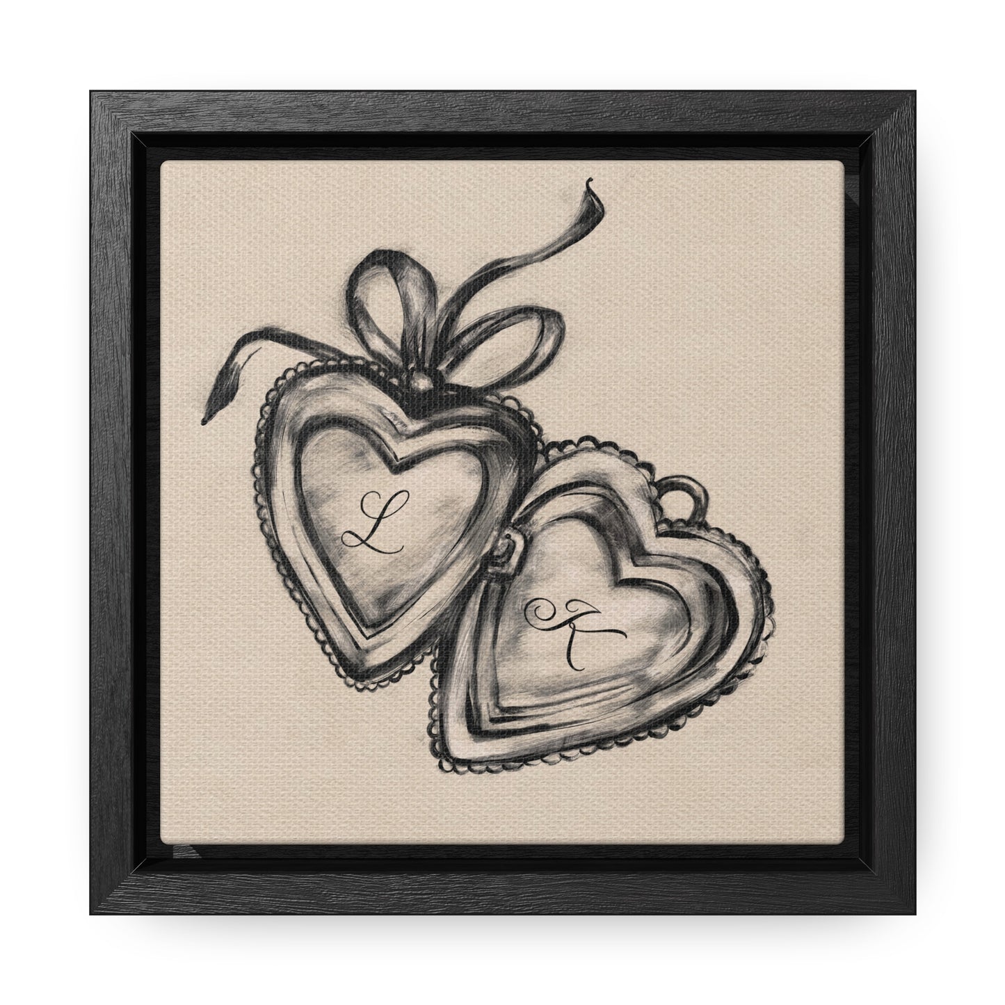 Custom Initial Locket Framed Print in Cream  - Personalized Hand Drawn Couples Gift - Bedroom Wall Art