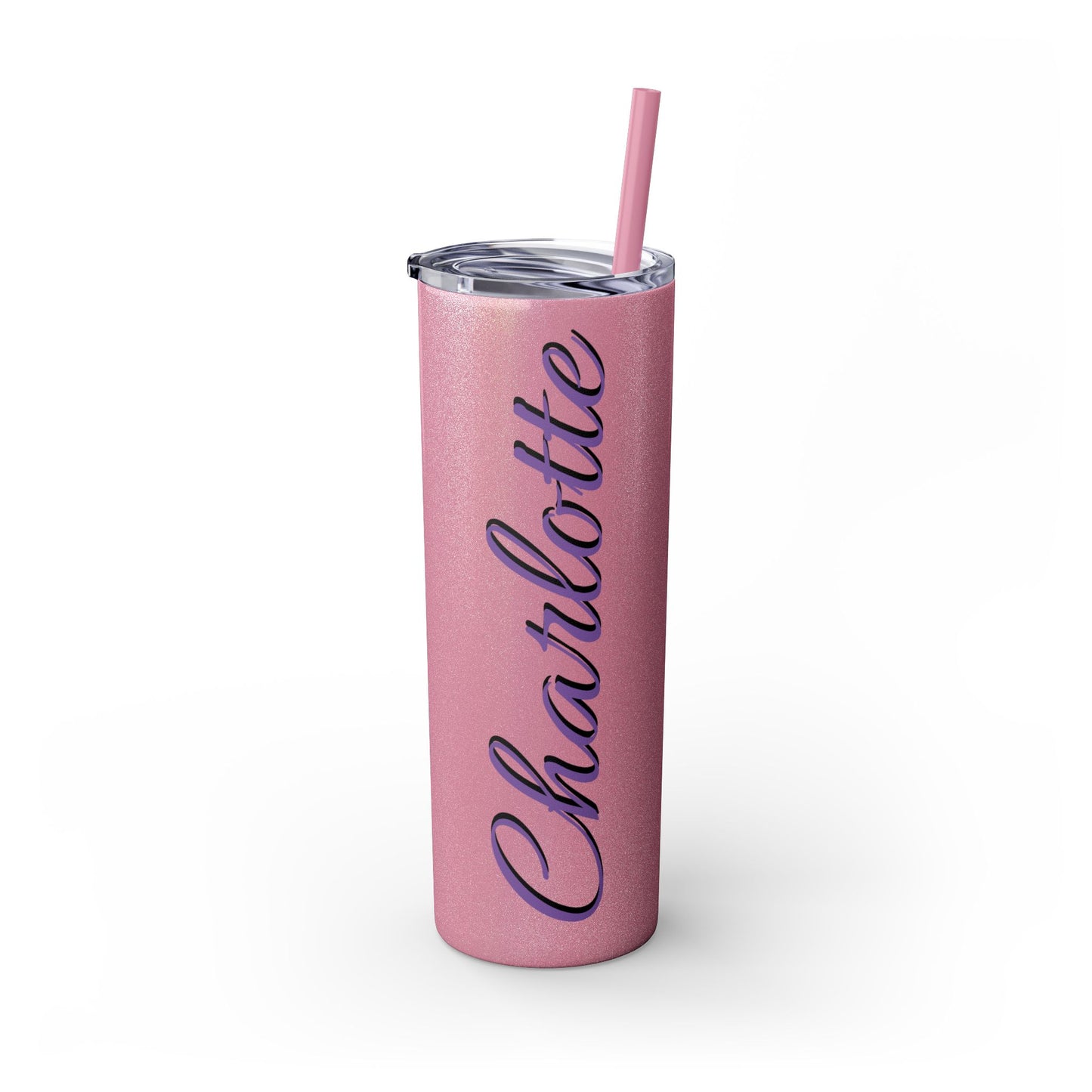 February Violet Birth Flower Personalizable Glitter Skinny Tumbler with Straw, 20oz