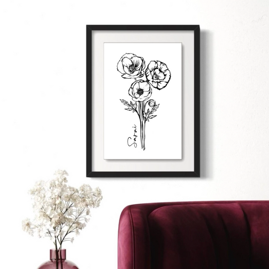 August Poppy Personalized Minimalist Art Print in Black Floating Glossy Acrylic Frame