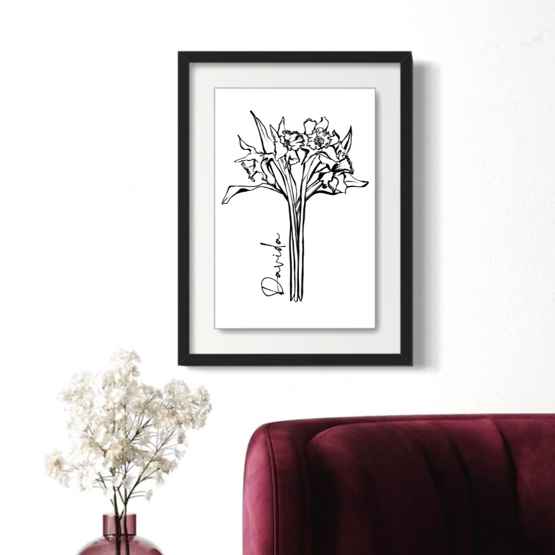 December Daffodil Personalized Minimalist Art Print in Black Floating Glossy Acrylic Frame