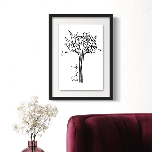 December Daffodil Personalized Minimalist Art Print in Black Floating Glossy Acrylic Frame