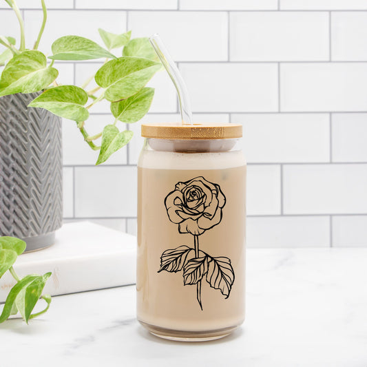 June Rose Birth Flower Glass Personalized Tumbler, Gift for Her, Valentines Day, Mother's Day Gift, Custom Glass Coffee Cup, Graduation Gift