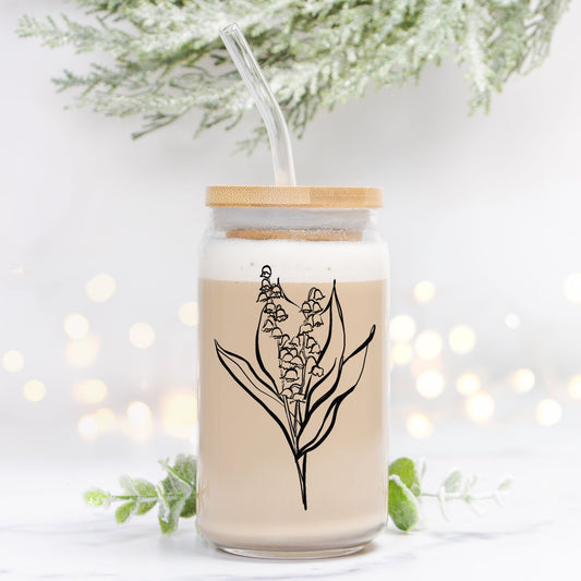 May Lily of the Valley Birth Flower Glass Personalized Tumbler, Gift for Her, Valentines Day, Mother's Day Gift, Custom Glass Coffee Cup, Graduation Gift