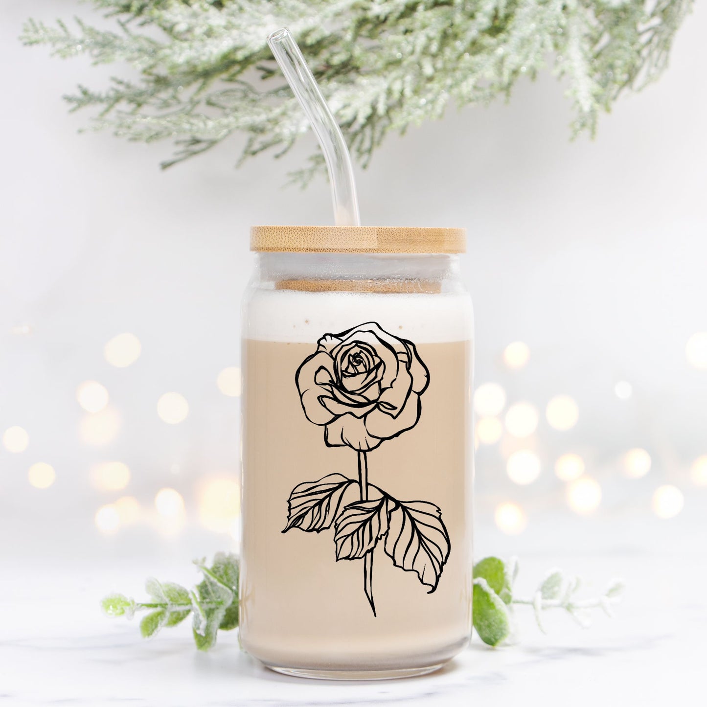 June Rose Birth Flower Glass Personalized Tumbler, Gift for Her, Valentines Day, Mother's Day Gift, Custom Glass Coffee Cup, Graduation Gift