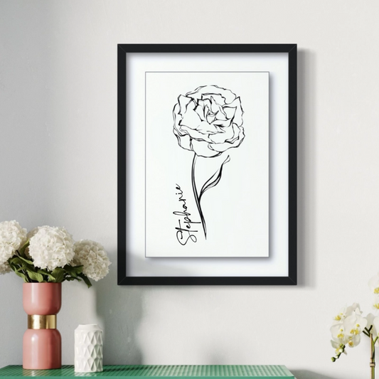 January Carnation Personalized Minimalist Art Print in Black Floating Glossy Acrylic (Framed!)