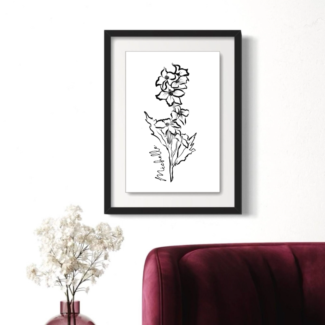 July Larkspur Personalized Minimalist Art Print in Black Floating Glossy Acrylic Frame