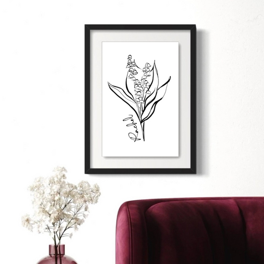 May Lily of the Valley Personalized Minimalist Art Print in Black Floating Glossy Acrylic Frame