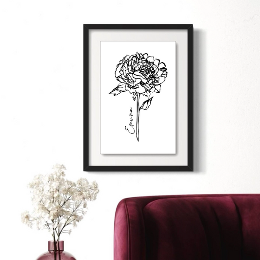 November Peony Personalized Minimalist Art Print in Black Floating Glossy Acrylic Frame