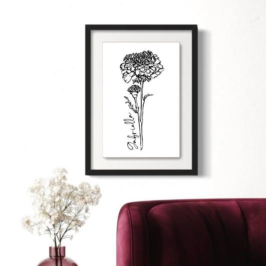 October Marigold Personalized Minimalist Art Print in Black Floating Glossy Acrylic Frame