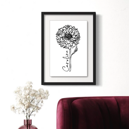 September Aster Personalized Minimalist Art Print in Black Floating Glossy Acrylic Frame