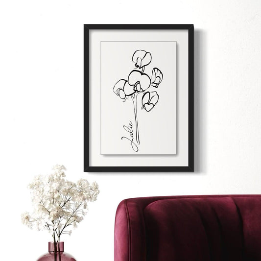 April Sweet Pea Personalized Minimalist Art Print in Black Floating Glossy Acrylic Frame